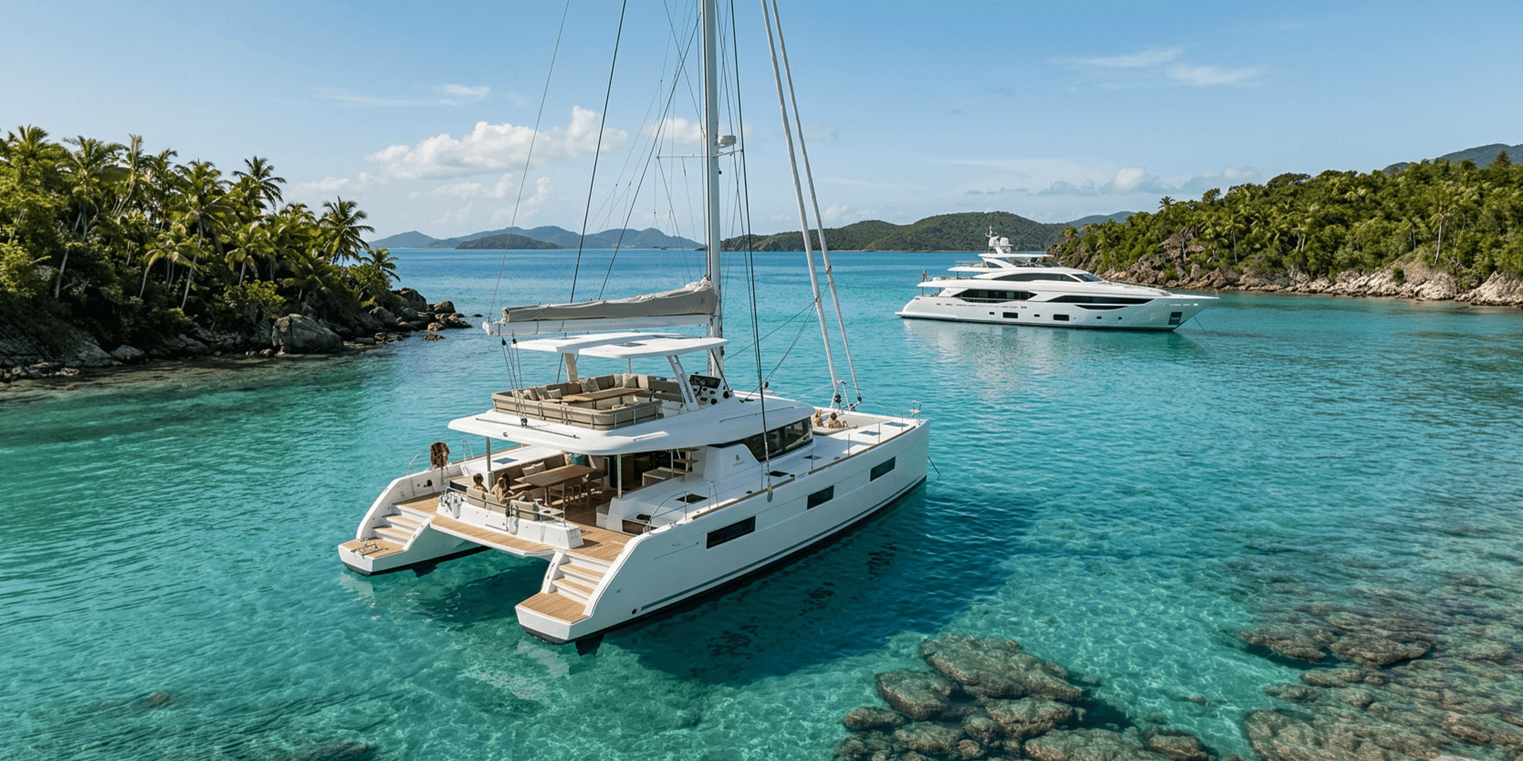 Sailing catamaran with an upper flybridge and motor yacht anchored in a turquoise Caribbean bay.