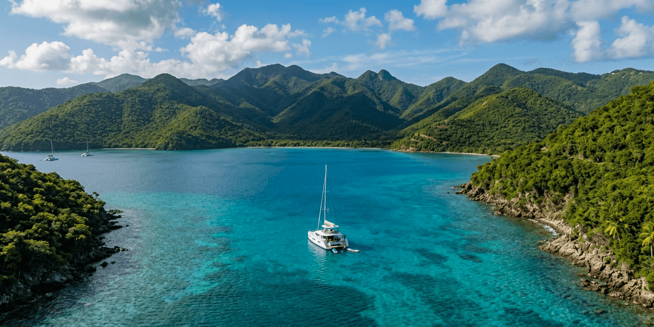 White sailing catamaran anchored near a secluded beach in the British Virgin Islands, surrounded by turquoise water and lush green hills.