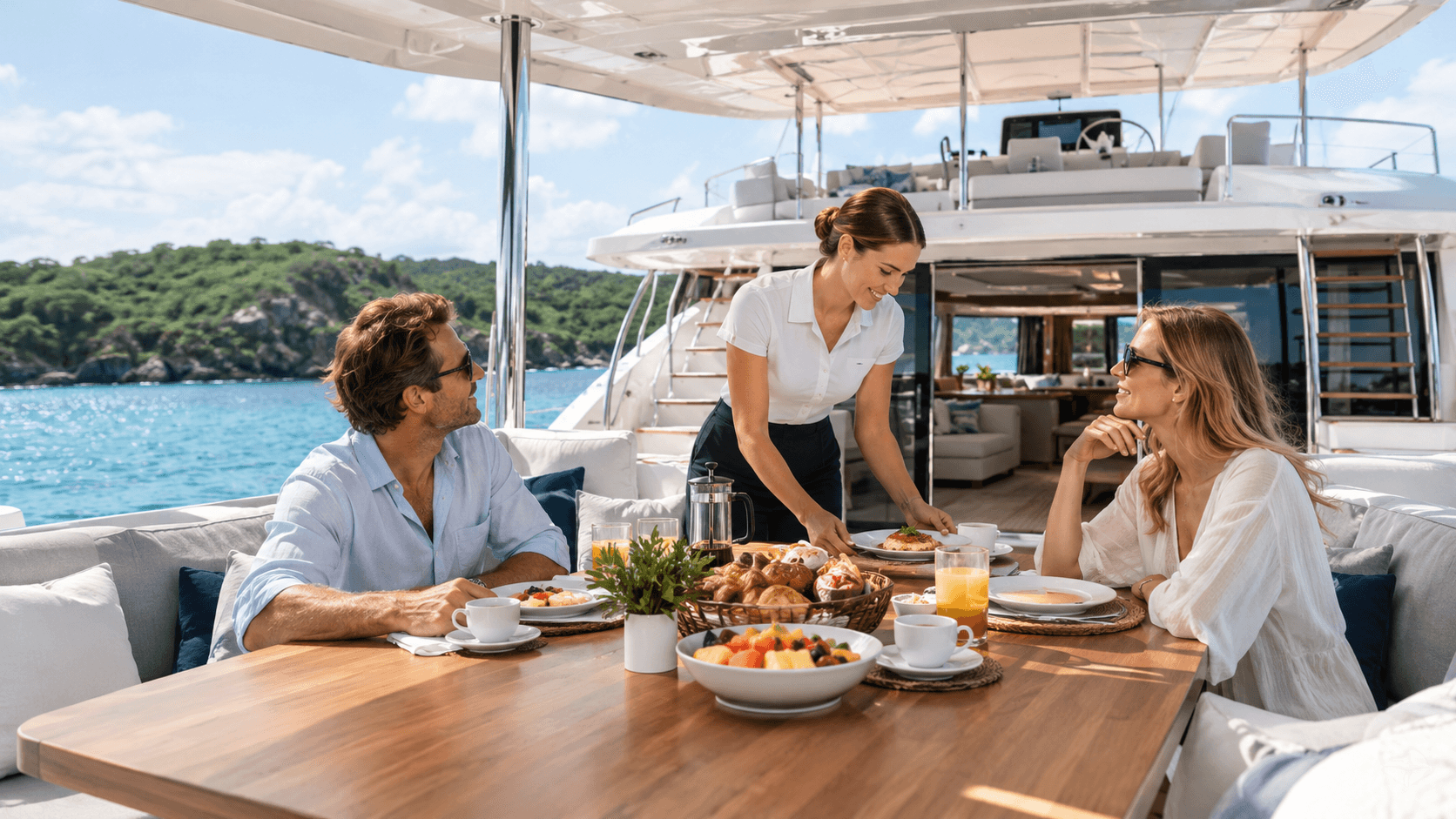 A yacht stewardess serving breakfast to guests in the aft cockpit of a luxury sailing catamaran in the Caribbean.