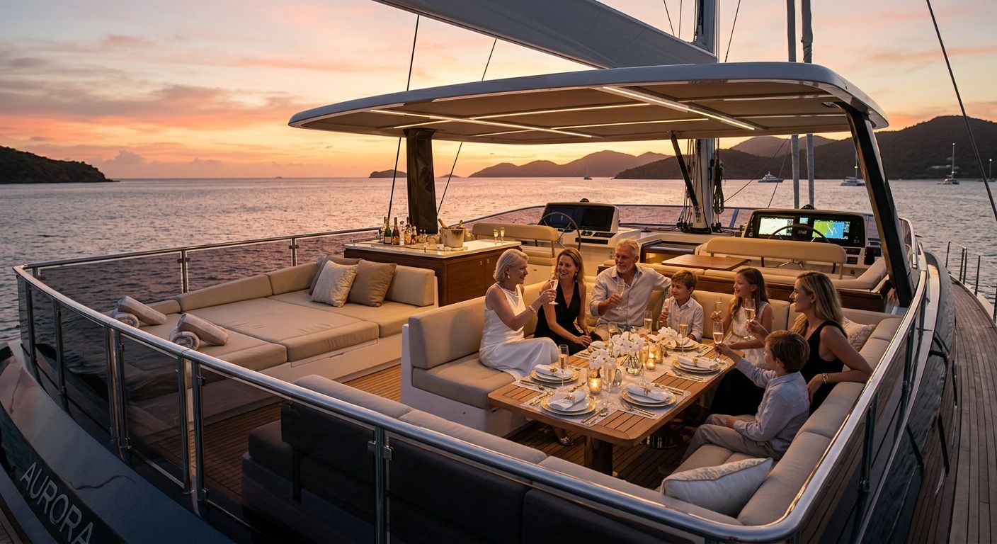 Family celebrating New Year's Eve aboard a luxury sailing catamaran overlooking the Caribbean at sunset