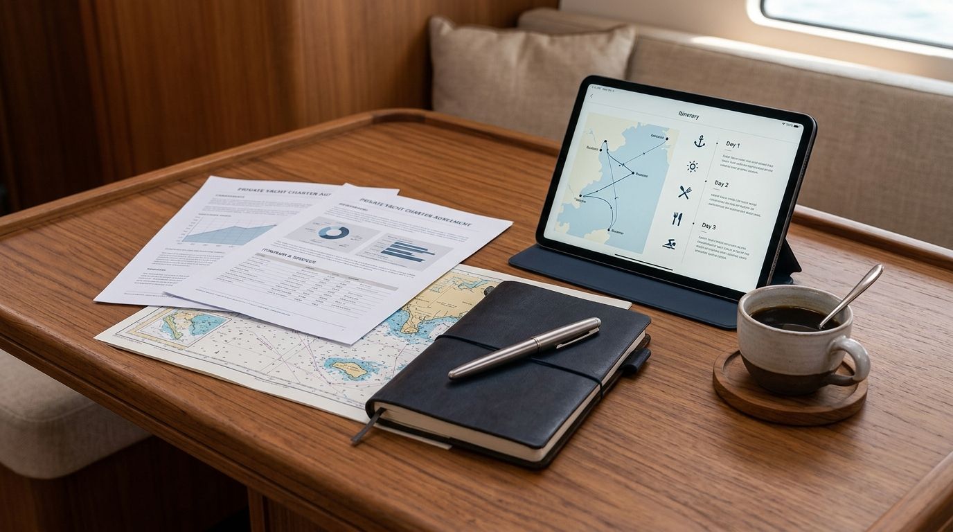 Yacht charter agreement, itinerary tablet, notebook, and coffee arranged on a teak table aboard a private yacht.