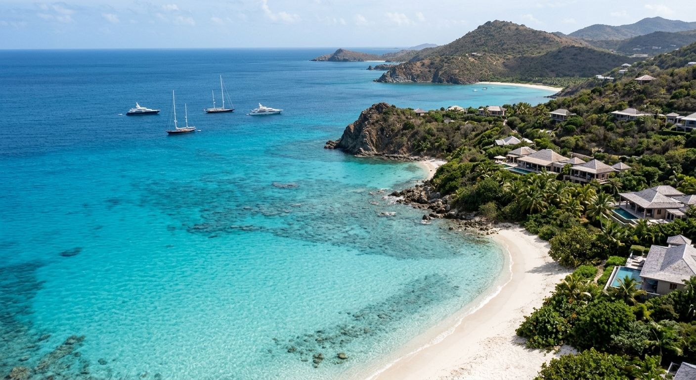 Beautiful St. Barts beach with turquoise Caribbean water, white sand and yachts offshore