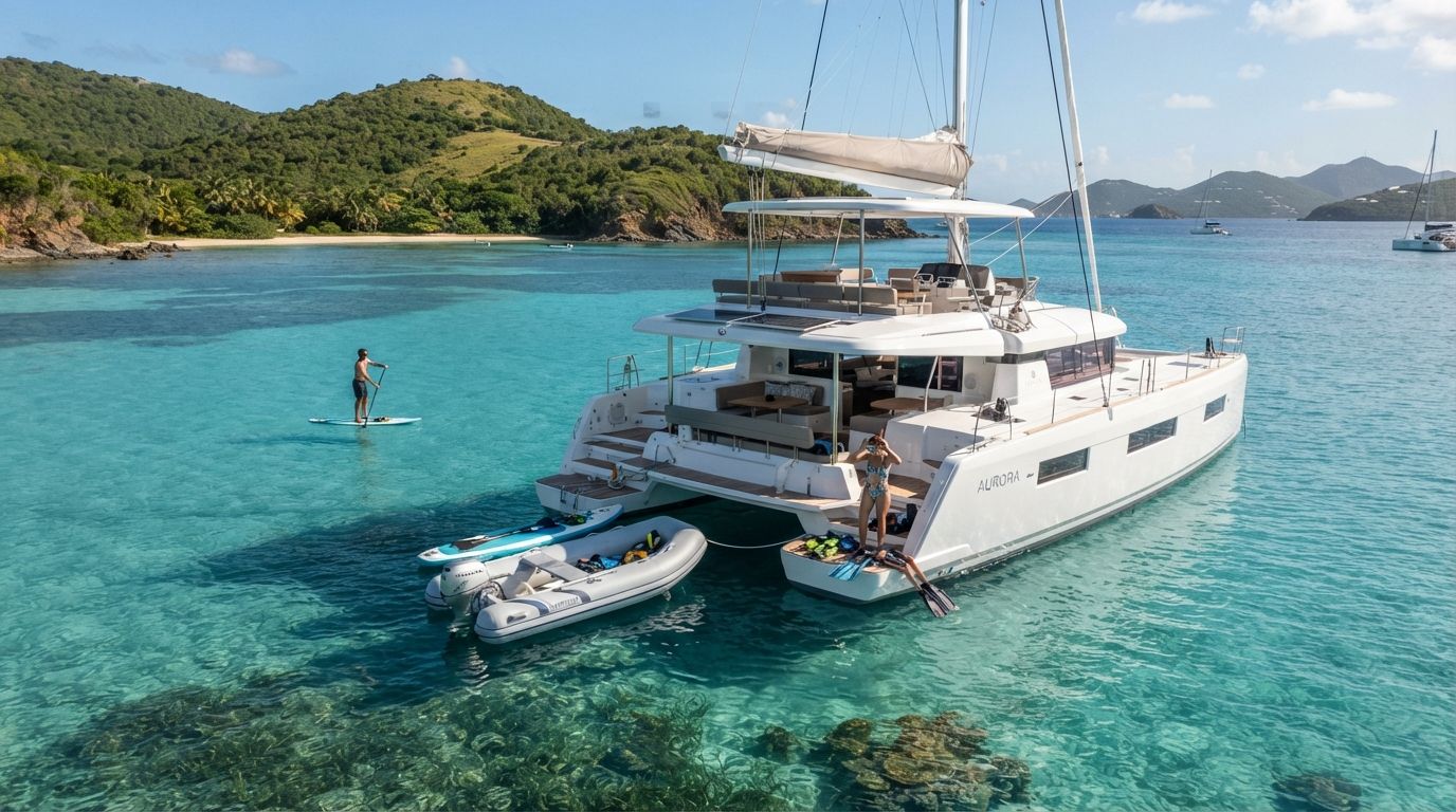 A 65-foot sailing catamaran with an elevated flybridge anchored in the Caribbean, with a tender, paddleboards, and snorkeling equipment nearby.