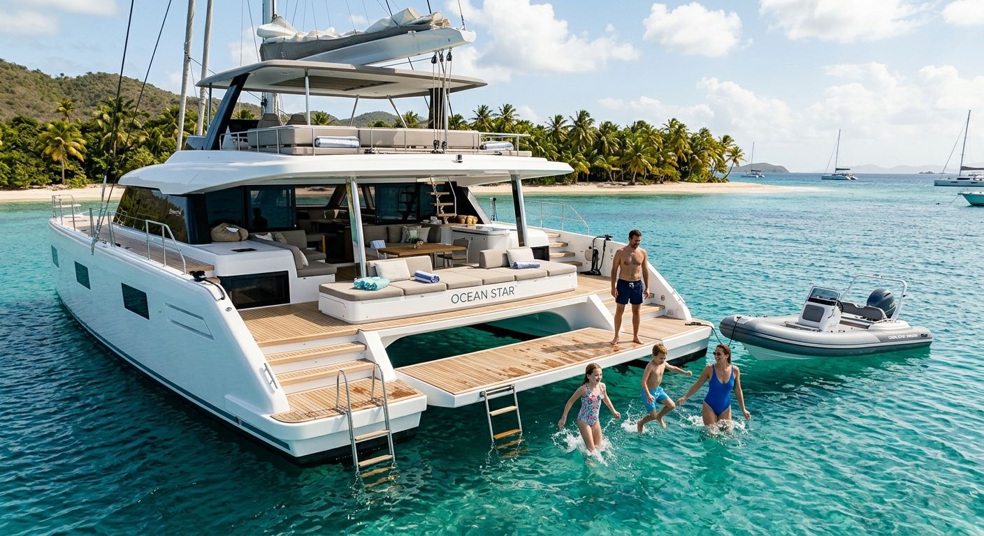 Family swimming in crystal-clear Caribbean waters beside a luxury sailing catamaran