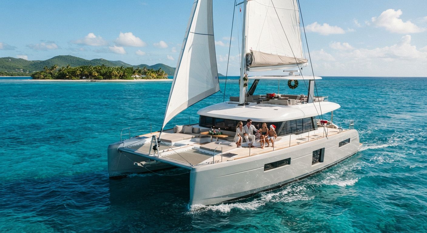 Luxury 70-foot sailing catamaran cruising through turquoise Caribbean waters near tropical islands