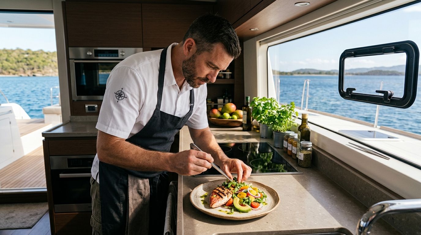 A yacht chef preparing fresh seafood and seasonal ingredients in the galley of a private yacht charter.